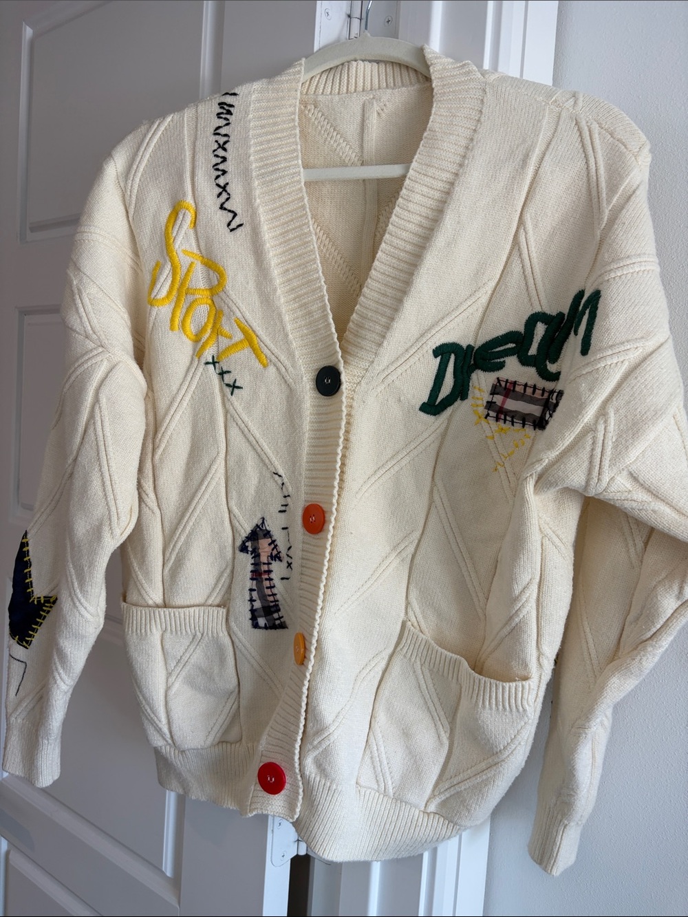 Cream Oversized Patchwork Embroidered Cardigan – Artsy Statement Sweater